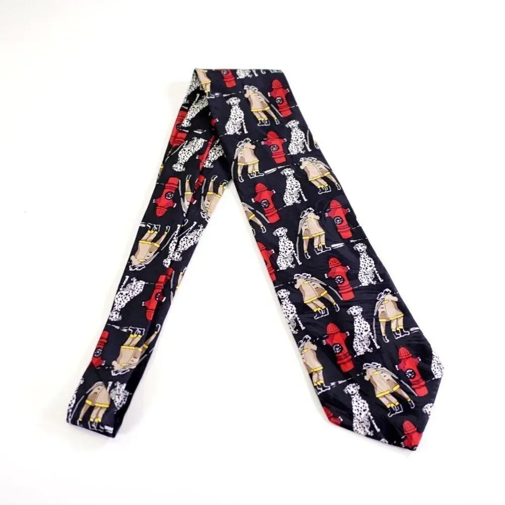 RM Style Firefighter Dalmation Black Jacqard Print Short Silk Tie‎